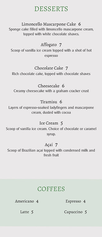 Bernal Heights Pizzeria Dessert Menu 2025