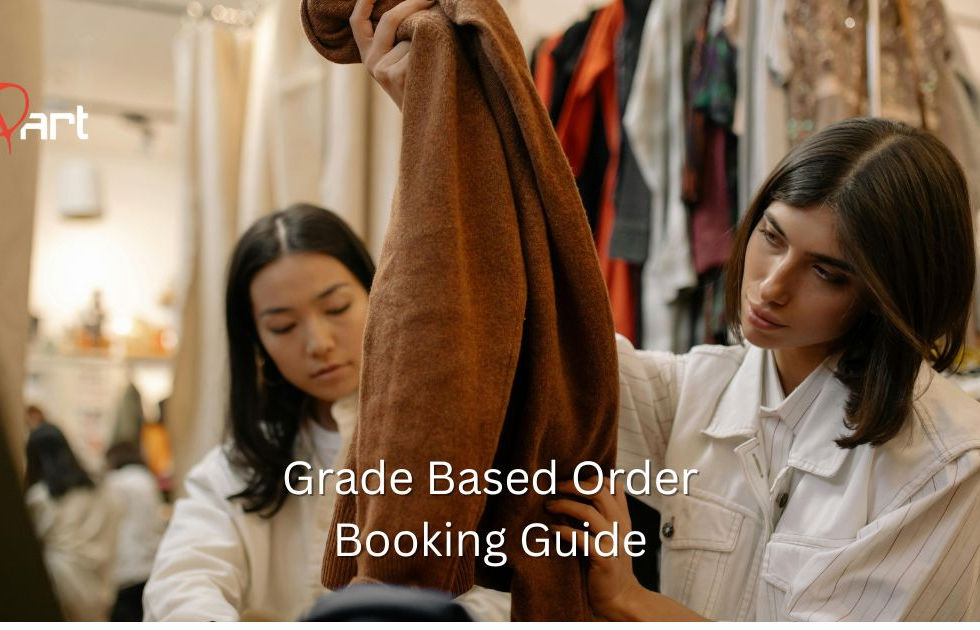 Grade based order booking in a fashion trade show where retail buyers review garments while selecting styles, demonstrating how size ratios and pre-set grades simplify order booking and reduce manual entry during high-volume showroom interactions