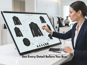 A fashion buyer using a 360 product viewer on a B2B fashion portal to inspect garment construction details before placing a seasonal order. The interactive 360 image viewer displays the garment from multiple angles, including back seam, collar finish, and hem drape. The interface is part of a B2B fashion platform that connects 360 product photography with live inventory and order management clothing tools. This 3D product visualization capability allows buyers to assess fabric texture and fit without requiring physical samples or sales representative assistance. The image represents how Qartsolutions embeds 360 Product Spin technology into its buyer-facing catalogue for fashion brands managing B2B retail relationships.
