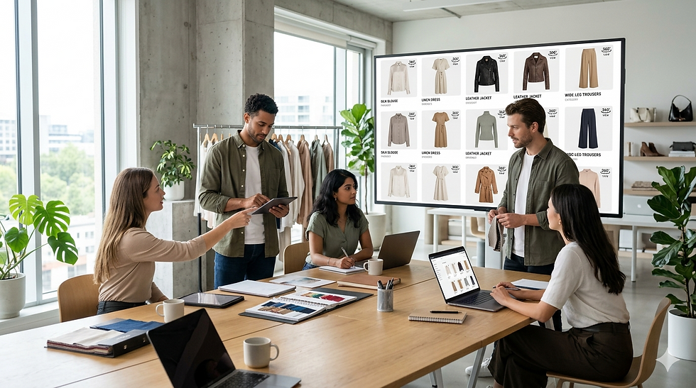 A fashion brand using 360 product spin technology on a seasonal collection page, powered by Qartsolutions AI product viewer, showing a rotating linen co-ord set from all angles to help retail buyers visualize fabric drape, side silhouette, and back detailing before placing a B2B order through the fashion portal.