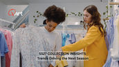 A structured digital fashion catalog interface displaying SS27 fashion trends 2027 collection layouts, featuring fluid silhouettes, bold primary color palettes, and expressive large-scale floral prints organized within a B2B fashion portal environment for retail buyer access and seasonal order management.