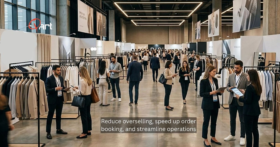 Sales rep using fashion inventory software on a tablet at a fashion tradeshow booth, showing real-time stock levels, live SKU availability across multiple warehouse locations, and active retailer order bookings on a B2B fashion platform dashboard by QArt Solutions