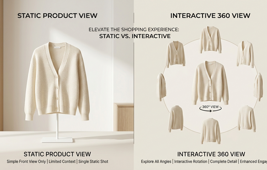 3D product visualization tool showing 360 product spin of an apparel item inside a B2B fashion portal built on Angle Suite by Qartsolutions for interactive buyer catalogue presentation and improved order conversion