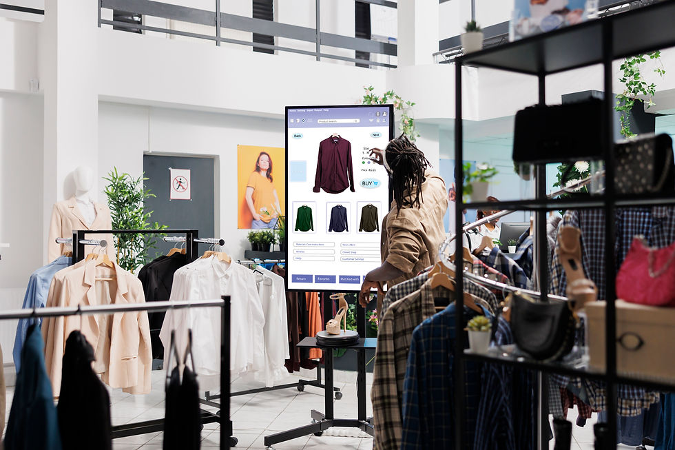 A fashion team collaborating around a digital screen showing digital asset management fashion workflows, including organized product images, clothing designs, and brand assets, highlighting how fashion brands manage and access content efficiently across marketing and retail teams