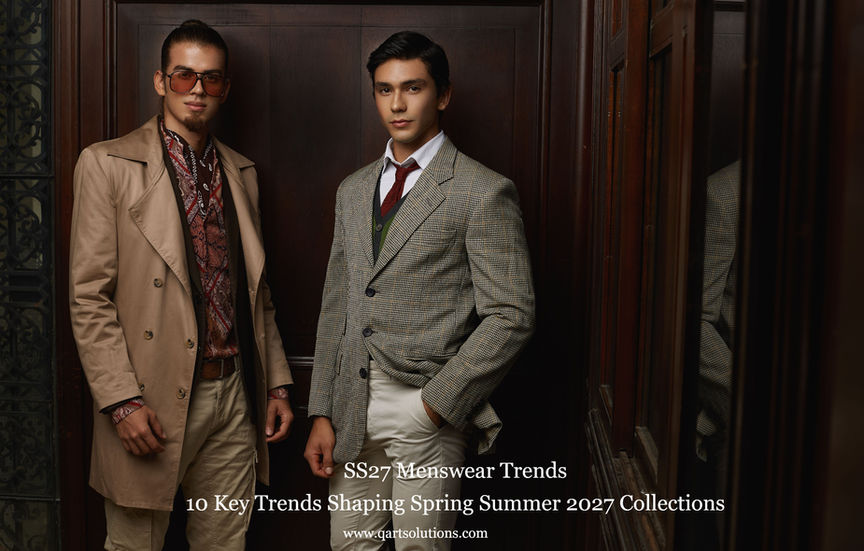 SS27 menswear trends showing Spring Summer 2027 menswear collections with soft tailoring menswear, linen tailoring men 2027, quiet luxury menswear 2027, relaxed silhouettes, premium luxury menswear fabrics SS27, and modern fashion styles influencing global menswear design and retail buying decisions.