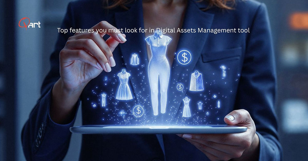 A fashion professional using a tablet interface by QArtSolutions to demonstrate digital asset management fashion, with holographic clothing designs, product images, and pricing icons, showing how digital asset management for fashion brands and retail businesses helps organize, store, and manage digital assets efficiently, improve collaboration, and support faster access to content across marketing, sales, and trade show workflows