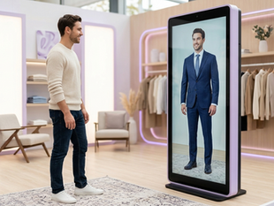 SS27 Virtual Try-On technology displayed at a fashion tradeshow booth showing a buyer interacting with a large digital screen. The screen renders the buyer wearing a tailored SS27 blazer in real time. Powered by Qartsolutions AI virtual try-on fashion 2027 platform. Demonstrates how virtual fitting room tradeshow booth technology works for B2B buyers. Part of the spring summer 2027 digital fashion presentation environment. No physical samples required for full garment evaluation.