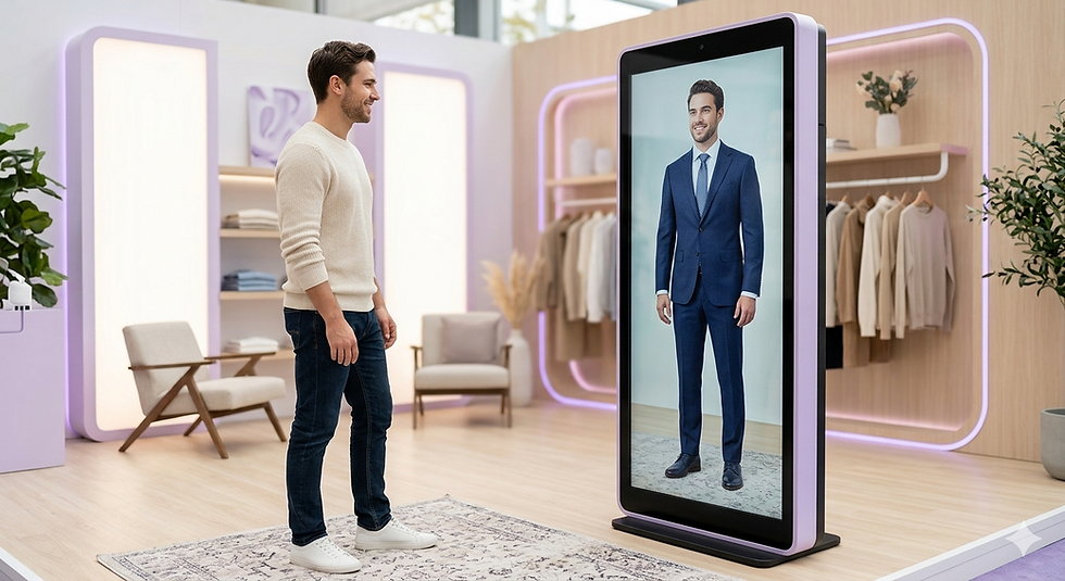 SS27 Virtual Try-On technology displayed at a fashion tradeshow booth showing a buyer interacting with a large digital screen. The screen renders the buyer wearing a tailored SS27 blazer in real time. Powered by Qartsolutions AI virtual try-on fashion 2027 platform. Demonstrates how virtual fitting room tradeshow booth technology works for B2B buyers. Part of the spring summer 2027 digital fashion presentation environment. No physical samples required for full garment evaluation.