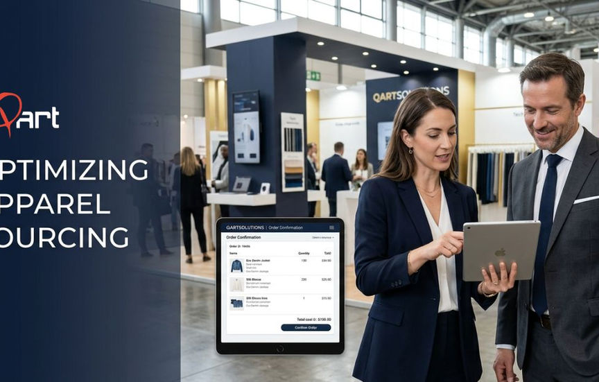Sales representative using tradeshow order management software on a tablet to confirm a fashion buyer order on the exhibition floor at a B2B fashion tradeshow demonstrating how fashion exhibition order software and tradeshow sales automation help apparel brands convert leads into confirmed orders in real time