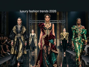 Bold luxury fashion editorial shot showcasing the maximalist luxury fashion trend in 2026, featuring a model wearing a structured padded-shoulder blazer in cobalt blue with wide-leg suiting, oversized gold jewellery, and feather-trimmed coat, representing the power dressing fashion trend, statement luxury fashion aesthetics, and the return of expressive luxury fashion on the SS26 runway as covered by QArt Solutions