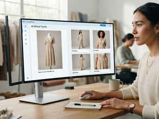 A premium fashion illustration showcasing AI virtual try-on technology where a single product image of a beige blazer is transformed into multiple realistic virtual try-on results worn by diverse AI-generated models, demonstrating how virtual try-on software enables fashion brands, apparel retailers, and distributors to visualize garments across different body types without physical samples, making product presentation faster, more scalable, and ideal for digital showrooms, ecommerce catalogs, wholesale buying appointments, and modern fashion sales workflows powered by artificial intelligence.