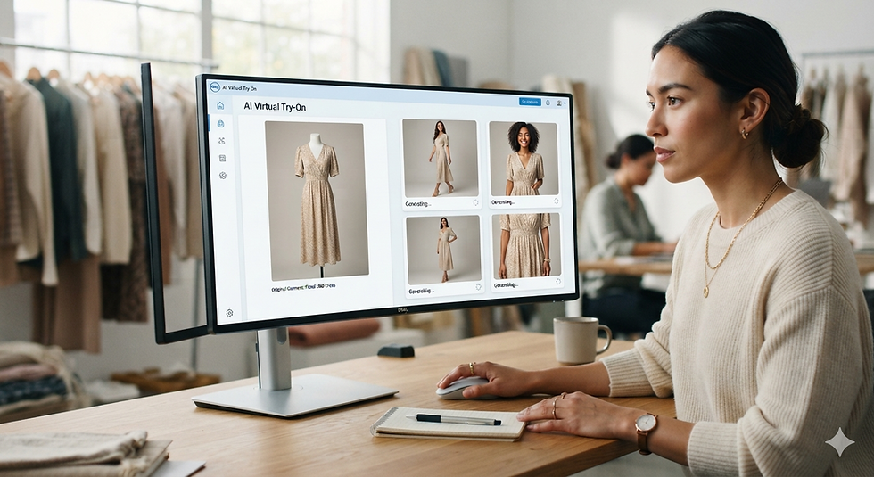 A premium fashion illustration showcasing AI virtual try-on technology where a single product image of a beige blazer is transformed into multiple realistic virtual try-on results worn by diverse AI-generated models, demonstrating how virtual try-on software enables fashion brands, apparel retailers, and distributors to visualize garments across different body types without physical samples, making product presentation faster, more scalable, and ideal for digital showrooms, ecommerce catalogs, wholesale buying appointments, and modern fashion sales workflows powered by artificial intelligence.