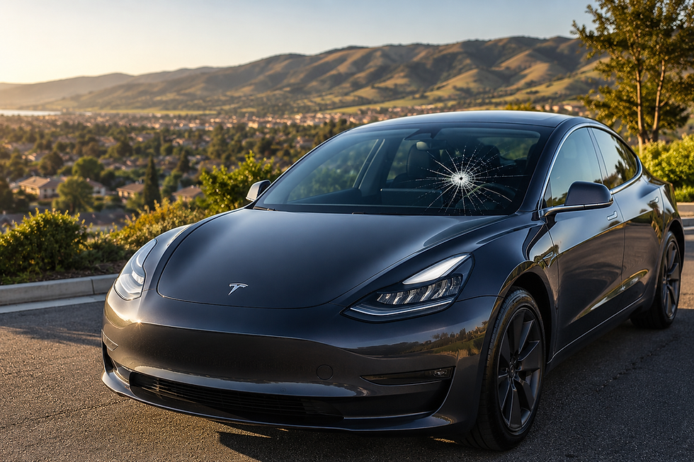 Dark gray Tesla with a cracked windshield parked in Dublin, California during sunset overlooking the Tri-Valley hills, representing Tesla windshield replacement and auto glass repair services.