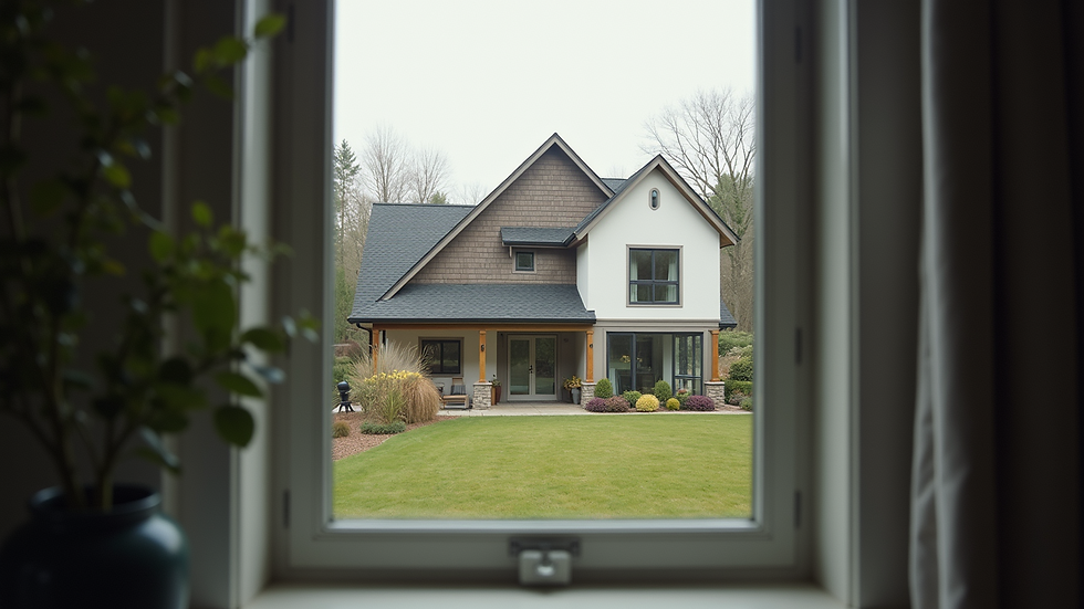 Eye-level view of a tinted residential window showcasing a modern home exterior