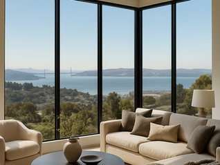 Elegant Bay Area living room with floor-to-ceiling tinted windows showcasing a panoramic city and water view, soft natural light, and modern high-end interior design