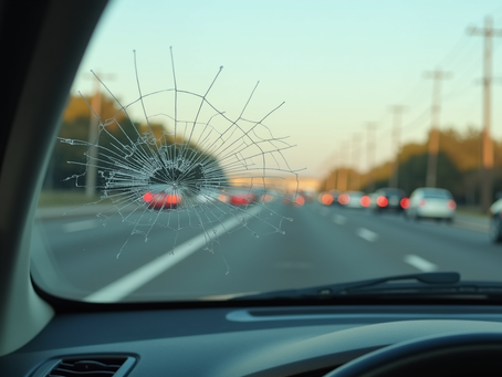 Eye-level view of a cracked windshield on a car parked near I-580 freeway in Dublin, CA
