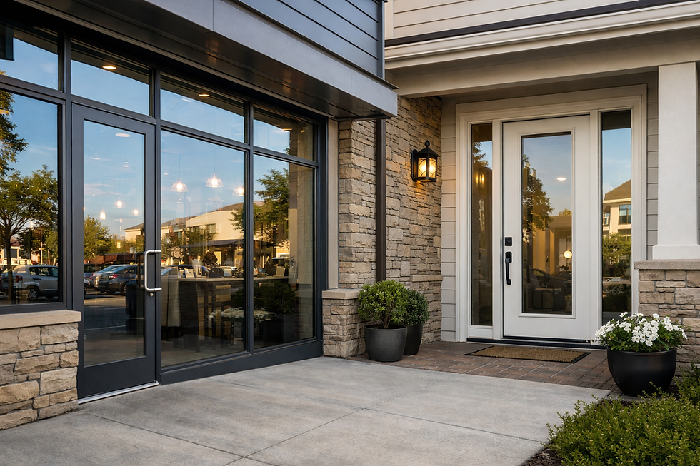 Modern commercial storefront and residential front entry with large glass windows and doors, representing security window film protection for homes and businesses in Dublin, CA.