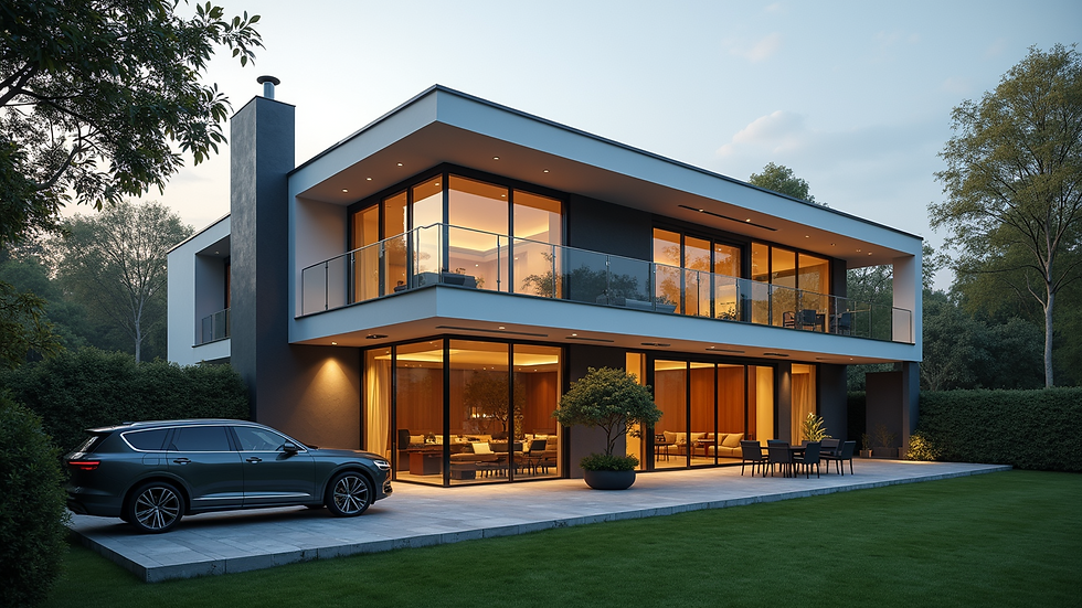 Wide angle view of a modern home with tinted windows