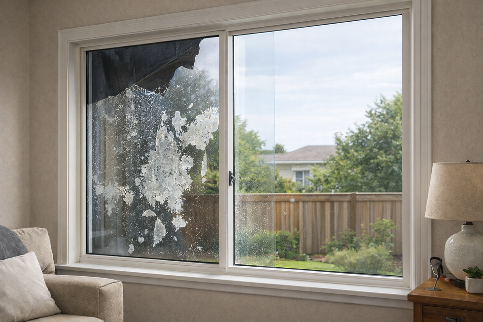 Partially removed old window film on a double pane residential window in a Dublin, California home