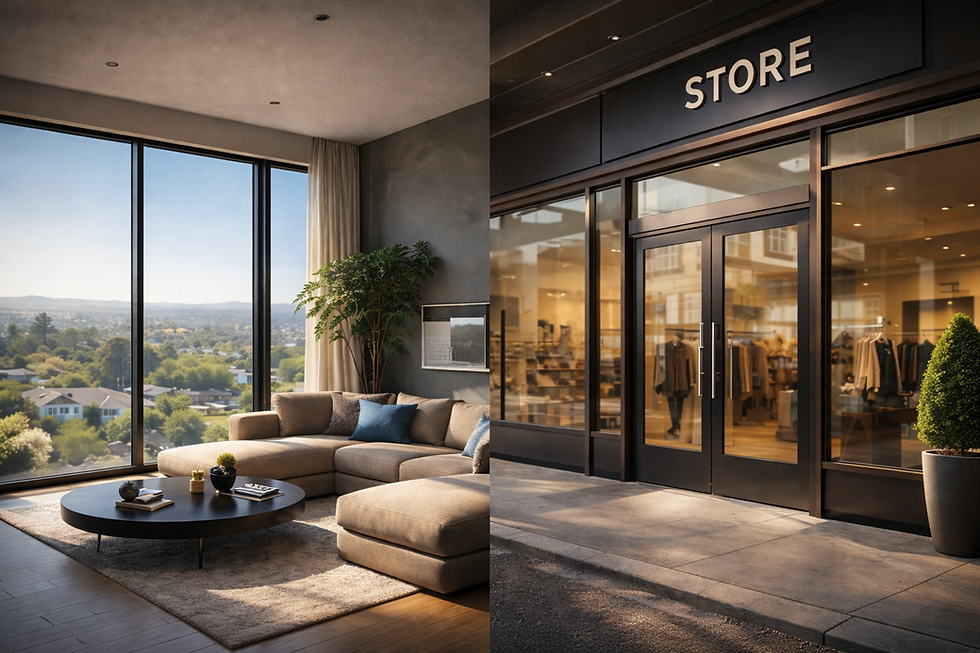 Residential living room and retail storefront in Dublin, CA with professionally installed window tint reducing heat, glare, and UV exposure.