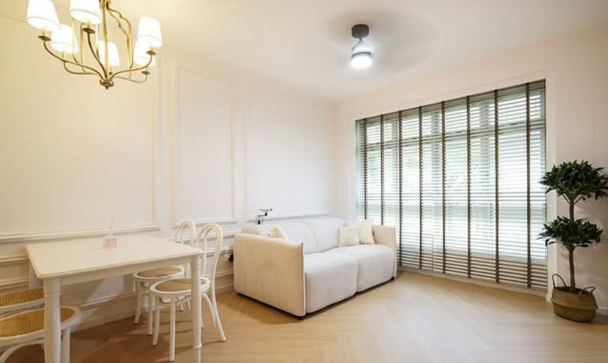 4 room BTO in Tampines featuring spacious  modern classic interior living room with wainscotting.