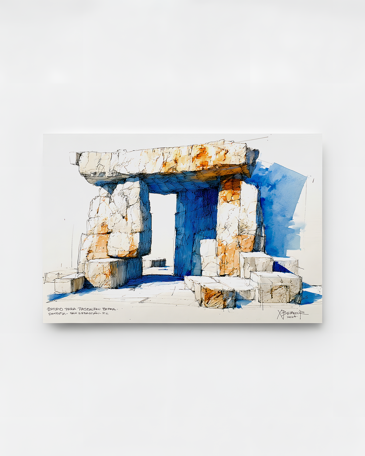 Ilustración arquitectónica de la serie “Umbrales del Vacío: Arquitecturas del Recuerdo” de Xaime Betancur, dibujo en acuarela y tinta que representa estructuras simbólicas inspiradas en la cultura vasca, lo industrial, lo marinero y lo medieval.
