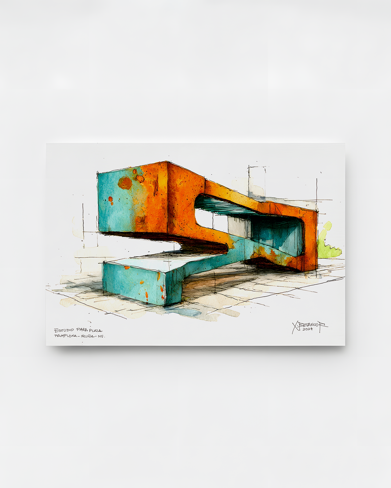 Ilustración arquitectónica de la serie “Umbrales del Vacío: Arquitecturas del Recuerdo” de Xaime Betancur, dibujo en acuarela y tinta que representa estructuras simbólicas inspiradas en la cultura vasca, lo industrial, lo marinero y lo medieval.