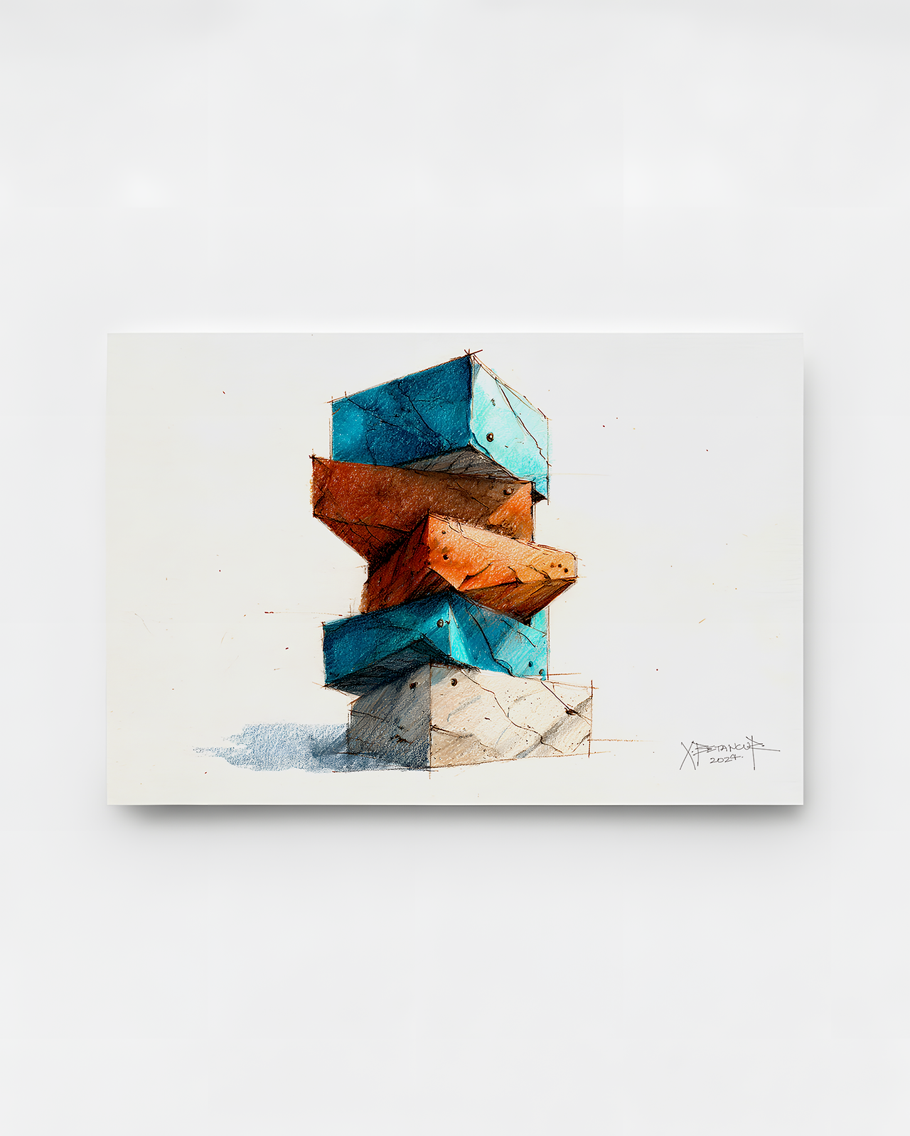 Ilustración arquitectónica de la serie “Umbrales del Vacío: Arquitecturas del Recuerdo” de Xaime Betancur, dibujo en acuarela y tinta que representa estructuras simbólicas inspiradas en la cultura vasca, lo industrial, lo marinero y lo medieval.