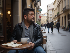 A man in a Prague Coffee Shop