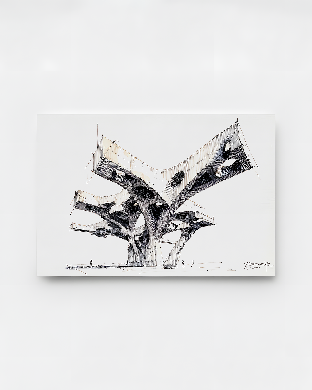 Ilustración arquitectónica de la serie “Umbrales del Vacío: Arquitecturas del Recuerdo” de Xaime Betancur, dibujo en acuarela y tinta que representa estructuras simbólicas inspiradas en la cultura vasca, lo industrial, lo marinero y lo medieval.