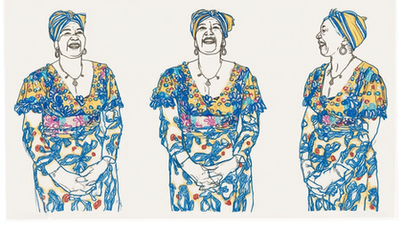 Tres ilustraciones de Totó la Momposina sonriente con vestido colorido y turbante. Estilo artístico, fondo blanco, sensación de alegría.