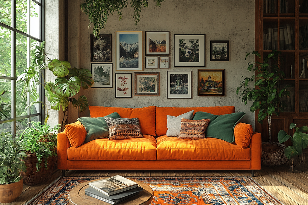 A photography of a beautifully decorated living room with a mix of modern and classic decor, featuring a bold, gallery of art prints in different styles and sizes as the focal point on the wall. Warm lighting, cozy furniture, natural elements like plants, and a coffee table with art books arranged stylishly in the foreground. Photography, high-resolution, realistic interior design.