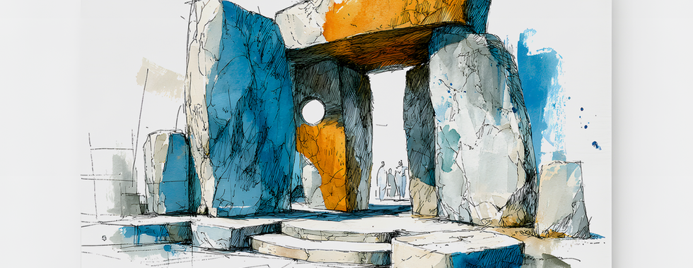 Ilustración arquitectónica de la serie “Umbrales del Vacío: Arquitecturas del Recuerdo” de Xaime Betancur, dibujo en acuarela y tinta que representa estructuras simbólicas inspiradas en la cultura vasca, lo industrial, lo marinero y lo medieval.