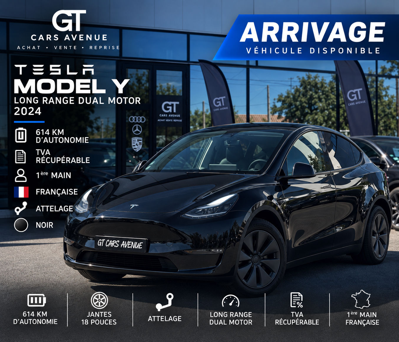 TESLA MODEL Y long range dual motor 440ch AWD 622km autonomie 2024 / attelage