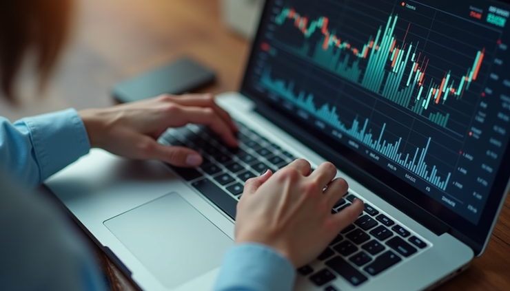 Vista en ángulo alto de una persona revisando gráficos financieros en una computadora portátil