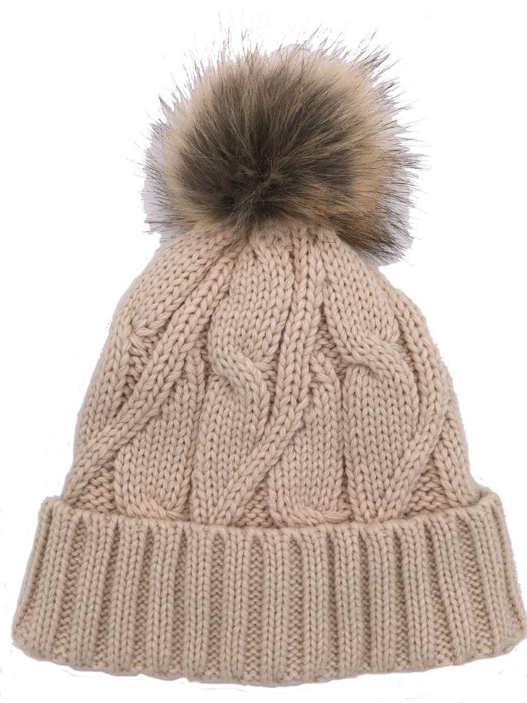 Thumbnail: Girls Hat With Faux Fur Pompom With Polar Fleece Lining
