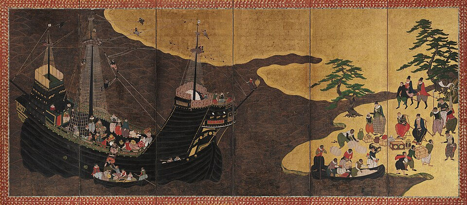 Nanban Byobu Folding Screen, Portuguese Traders in Nagasaki by Kano Domi, 16th/17th century