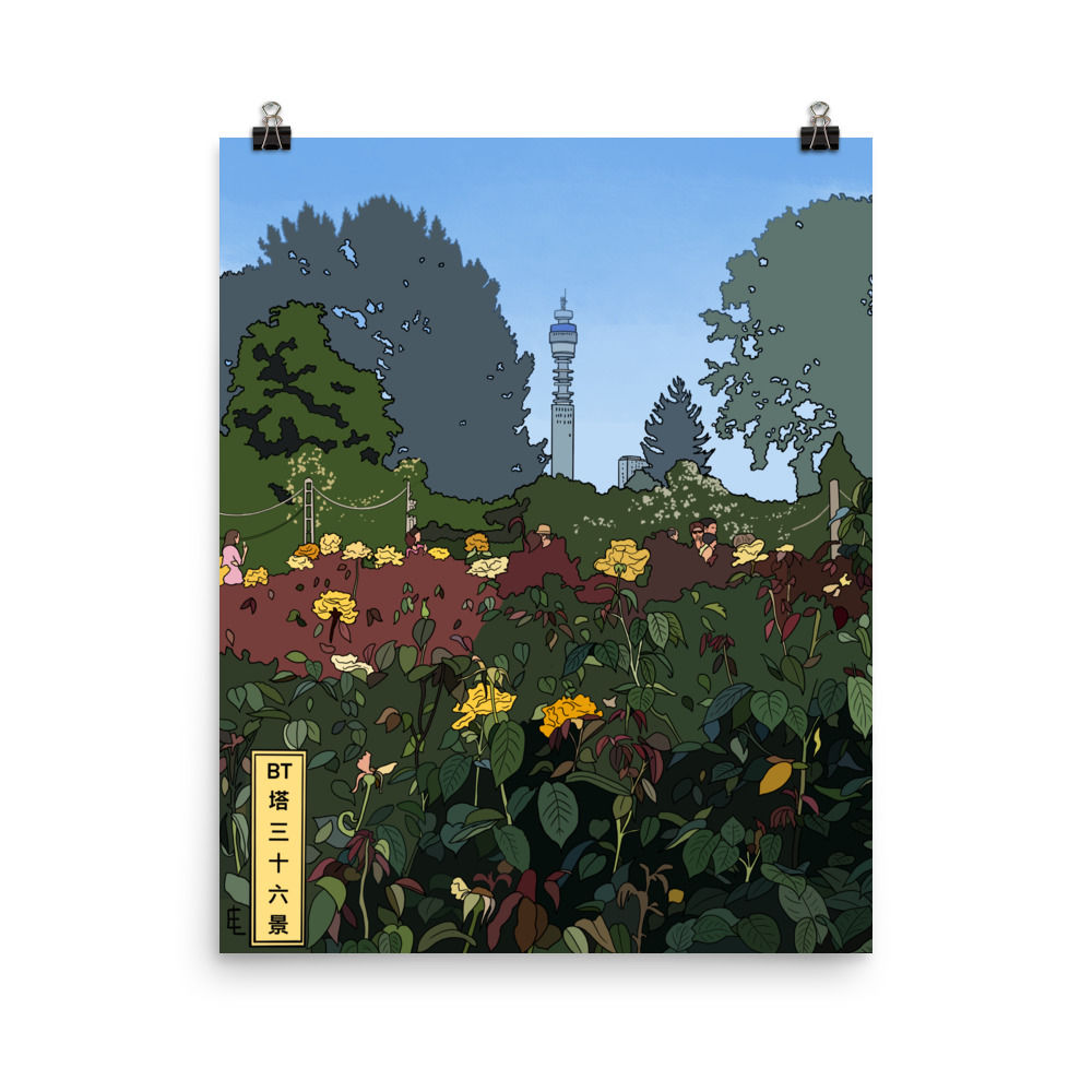 BT Tower from the Rose Garden in Regents Park 