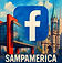 "Logotipo do Facebook sobreposto a uma paisagem urbana ilustrada com edifícios modernos e góticos e o nome 'Sampamerica' na p