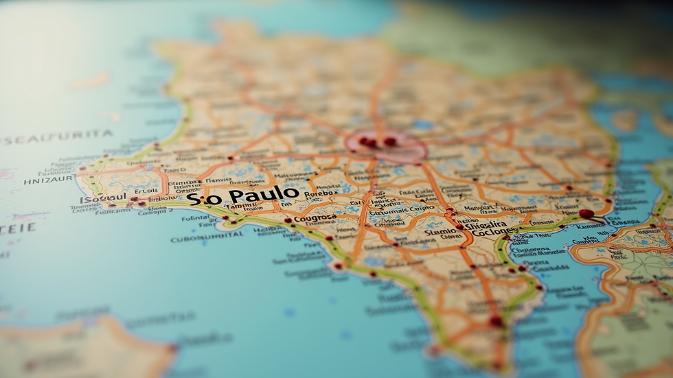 Close-up de mapa turístico de São Paulo com pontos de interesse destacados