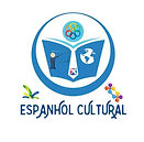 "Logotipo da Espanhol Cultural com um livro aberto azul, mostrando uma pessoa ensinando em um quadro e um globo terrestre est