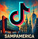 "Logotipo do TikTok sobreposto a uma paisagem urbana ilustrada com arquitetura moderna e gótica, e o nome 'Sampamerica' na pa