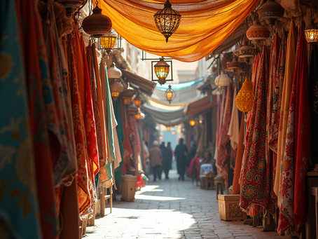 Bustling alley in Muttrah Souq Muscat with colorful textiles, Gold, Silver and traditional Scents