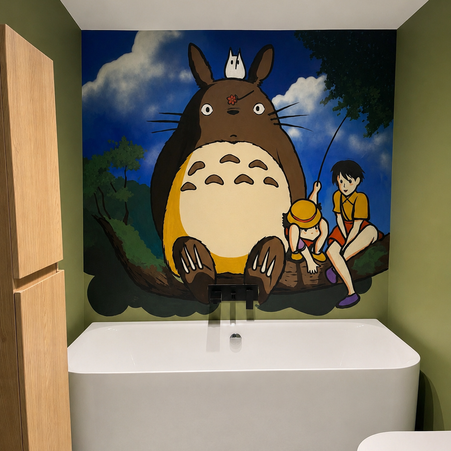 A graffiti mural based on the character Totoro from the anime 'My Neighbour Totoro'