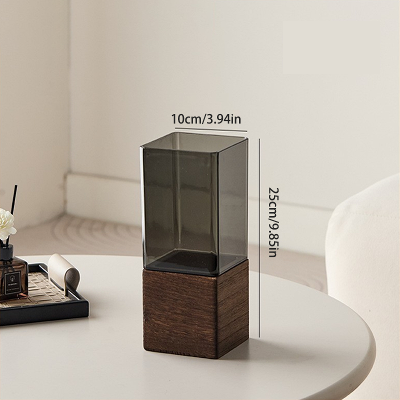 Vaso de acrílico fumê estilo nórdico com base de madeira de 25cm.