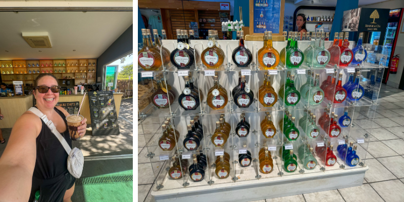 Amaris with mudslide drink and display of Curacao liqueur
