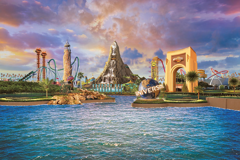 Universal Orlando destination landscape with roller coasters, a volcano, and a world.