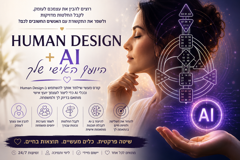 אישה לצד מפת Human Design עם אלמנט AI – קורס להבנת עצמך, המשפחה וקבלת החלטות.