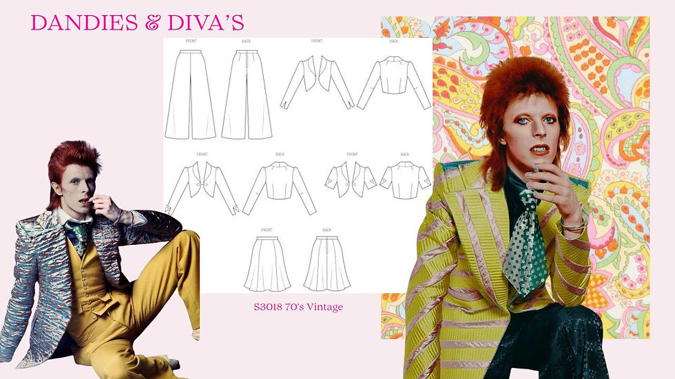Singer in bold striped suits with vibrant paisley background. Text: "DANDIES & DIVA'S," fashion sketches, "S3018 70's Vintage".