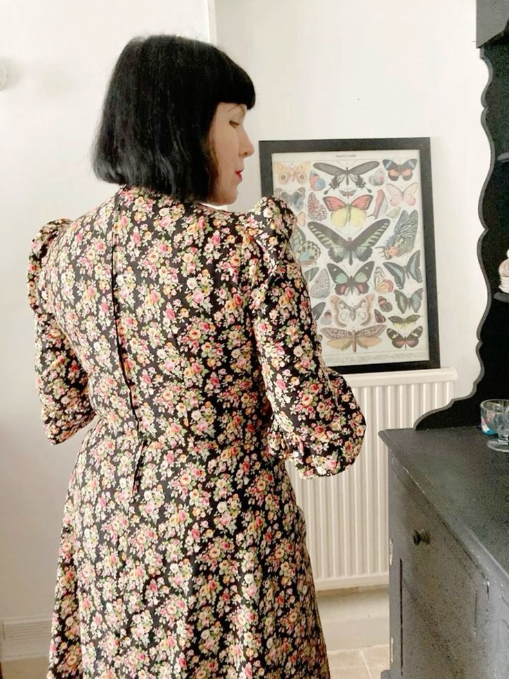 Thumbnail: Close-up of gathered sleeve detail on back of a vintage inspired dress sewing project